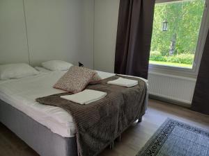 萨翁林纳Kartanohostel AnnaCatharina的一间卧室配有一张带毯子的床和窗户