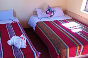 普诺Hospedaje Rural La Florida en Llachon, Titicaca的双床间设有2张单人床。
