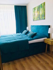图尔钱斯凯特普利采apartmán MONYA的一间卧室配有一张带蓝色床单的床和一扇窗户。