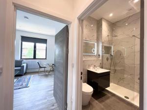 米尔顿凯恩斯Omega Inn的带淋浴、卫生间和盥洗盆的浴室