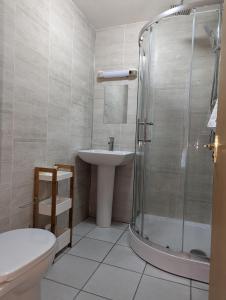 滕比科特奇庭园酒店的带淋浴、盥洗盆和卫生间的浴室