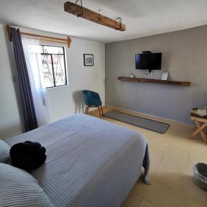 AcatlánFinca del Pomar的一间卧室设有一张床、一个窗口和一把椅子