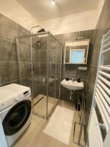 布拉格Designed apartment next to Vaclav square with terrace and private garage的一间带盥洗盆的浴室内的洗衣机