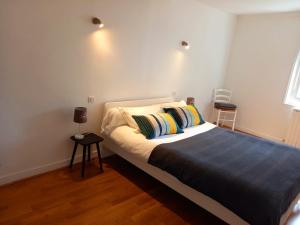 巴约讷Appartement au coeur de Bayonne sur les remparts的一间卧室配有一张带蓝色毯子的床
