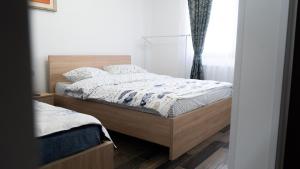 拉姆尼库沃尔恰Cazare Vila GOG - Rm Valcea-Salina Ocnele Mari的一间卧室设有两张床和窗户。