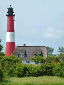 佩尔沃姆Austernfischer Haus的一座红白的灯塔,坐在房子的顶部