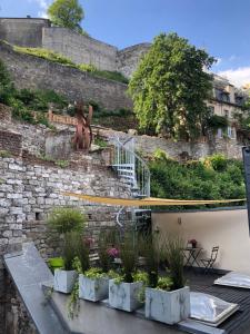 那慕尔L’Enjambée的庭院上带楼梯和植物的挡墙