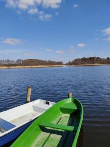 LalendorfFerienwohnung Jano - Residenz am See的坐在湖中的一个绿舟