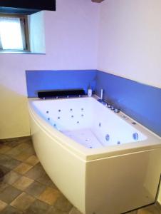 奥斯塔Chambres d'hôtes La Moraine Enchantée的蓝色墙壁的房间内的白色浴缸