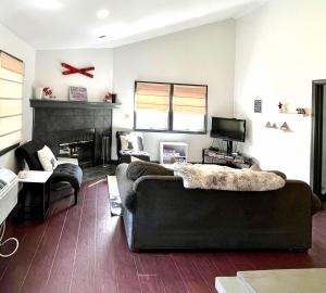 汉考克Gorgeous Ski On/Off 2 BR Sleeps 8 Jiminy-Must See Luxury的带沙发和壁炉的客厅