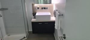 墨尔本MELBOURNE STAR APARTMENT的一间带水槽和淋浴的浴室