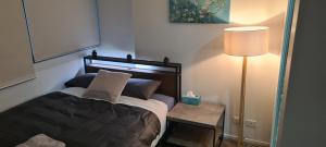 墨尔本MELBOURNE STAR APARTMENT的一间卧室配有一张床和一张带台灯的桌子