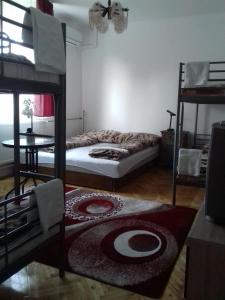 尼赖吉哈佐Harmatcsepp Apartmanház的卧室配有两张双层床和地毯。