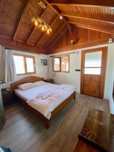 KaleucagızAnkh Pension的一间卧室设有一张床和木制天花板