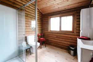 法尔肯斯瓦德Bij de Appelhof的小木屋内带玻璃淋浴间的浴室