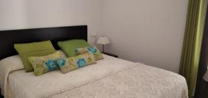 PorreraPetit Hotel Porrera的一间卧室配有一张带绿色和黄色枕头的床
