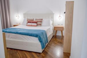 陶尔米纳Castalia Apartments & Rooms Duomo Taormina的一间卧室配有一张白色的床和蓝色的毯子