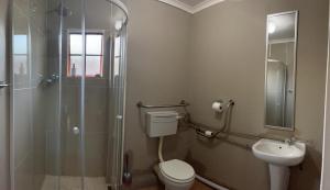 蓬戈拉Ncotshane BnB的带淋浴、卫生间和盥洗盆的浴室