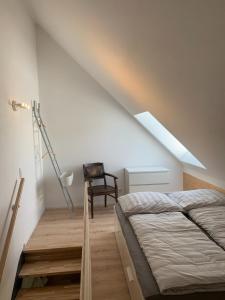 HerrischriedBlackforest Homestay的一间卧室配有一张床、梯子和椅子