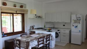 TrieiCountryside villa in Sardinia的厨房配有桌子和白色冰箱。