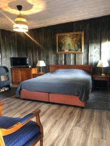 OzolaineForest cabin的一间卧室配有一张床和一台电视。