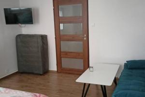 德辛Wellness apartmán Bělá的一间设有门、一张沙发和一张桌子的房间