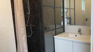 安斯艾厄Holiday Rooms Møllebo的带淋浴、水槽和镜子的浴室