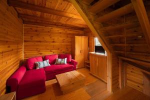 弗济内Chalets Zelena Vrata的小屋内带红色沙发的客厅