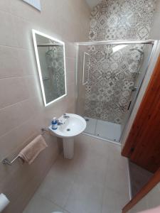 斯莱恩Slane Farm Hostel, Cottages and Camping的带淋浴和盥洗盆的白色浴室
