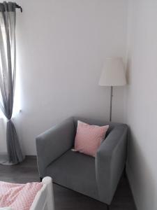 班斯卡比斯特里察APARTMENT WITH A VIEW的一间房间里一张带粉红色枕头的灰色沙发