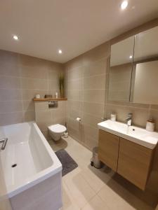 圣福瓦-塔朗泰斯Appartement Gentiane de 85m2 avec sauna à 10 min des pistes的带浴缸、卫生间和盥洗盆的浴室