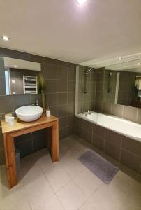 圣福瓦-塔朗泰斯Appartement Gentiane de 85m2 avec sauna à 10 min des pistes的浴室配有盥洗盆和浴缸。