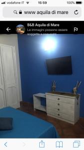 菲乌米奇诺亚桂拉迪马蕾酒店的一间卧室设有蓝色墙壁、梳妆台和电视。