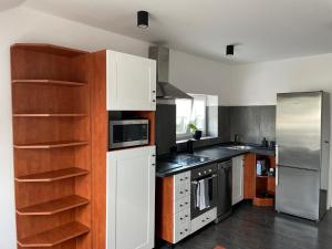 帕尔杜比采Apartmán Věra的一间厨房,配有白色家电和木制架子