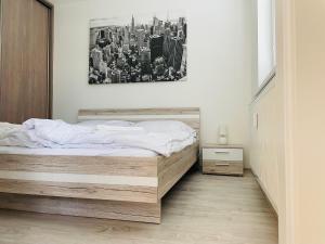 特伦钦SGL apartment Liptovska with free parking的一间卧室,配有一张床,并享有城市的图片