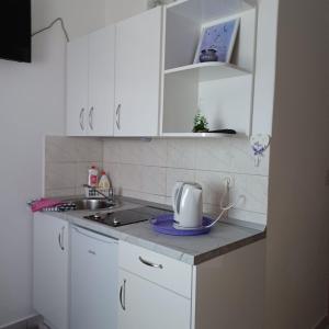 波达卡Apartmani Stanković的厨房配有白色橱柜和台面上的烤面包机
