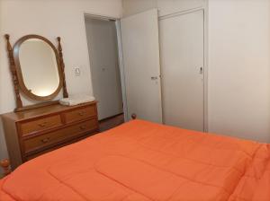 门多萨Hermoso departamento en Mendoza的一间卧室配有床、镜子和梳妆台
