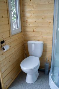 TrzemeśniaBeczki Pod Lasem的浴室设有木制墙壁上的白色卫生间