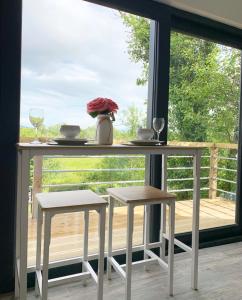 SwanlinbarSwan Cabin的窗前的一张桌子和两张凳子