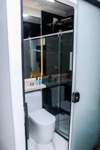 卡波布里奥Pousada do Braga的一间带卫生间和玻璃淋浴间的浴室