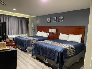 塔斯廷Bel Air Motor Hotel的酒店客房设有两张床和电视。