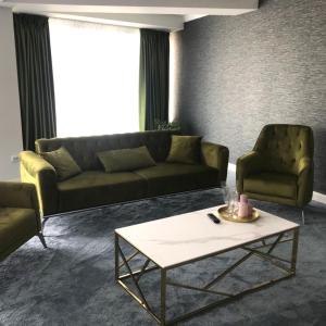 图尔达Hotel SunGarden Salin的客厅配有沙发、两把椅子和一张茶几
