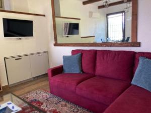 奥尔塔圣朱利奥Lussuoso appartamento nella magia del lago d'Orta的客厅里一张红色的沙发,配有镜子