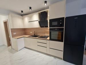 普罗马尼亚Apartmani Andrea的厨房配有白色橱柜和黑色冰箱。