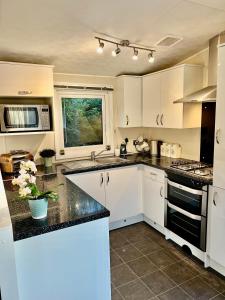 NewbridgeNew Forest Hideaway- Self Catering Accommodation的厨房配有白色橱柜和黑色台面