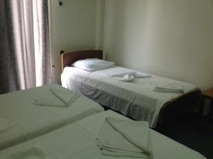 哈尔基斯Morfeas Hotel的小客房内的两张床,配有两张sidx sidx单人床