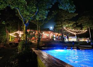 锡基霍尔Nakabalo Guesthouse & Restaurant的夜间游泳池,树木上灯