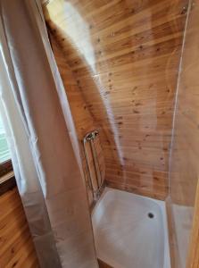 塞尔纳珀苏马维Hobití chatka Lipno的带淋浴的浴室(带木制天花板)