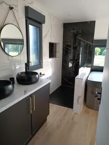 鲁伊萨塞Préstige的黑白浴室设有水槽和淋浴