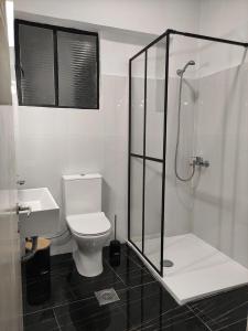 卡诺尼Beautifull And Airy Appartment Corfu Town的一间带卫生间和玻璃淋浴间的浴室